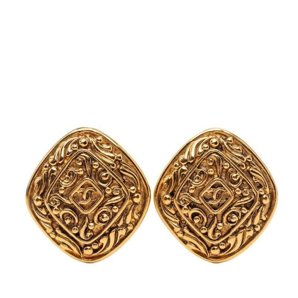 Chanel CC Logo Rhombus Earrings Gold Plated GP